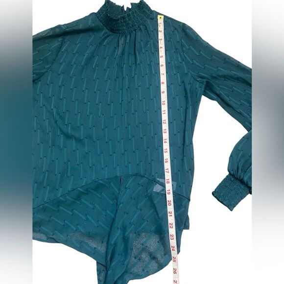 EXPRESS Teal Green Mock Neck Semi-Sheer Long Sleeve Tie Bottom Blouse - Picture 9 of 11